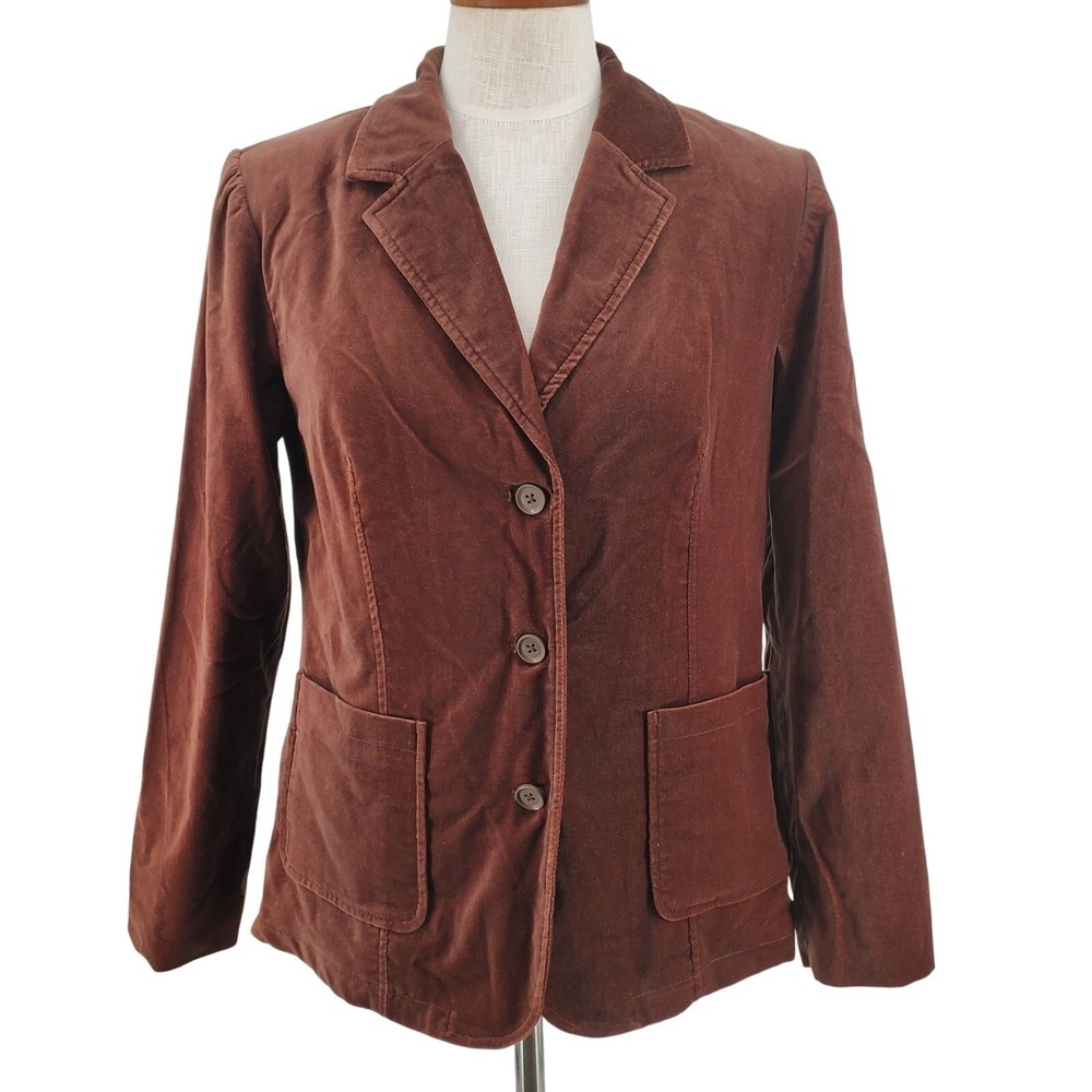 Denim & Co Womens Small Brown Velvet Blazer Jacket 3 Button Cotton Long Sleeve